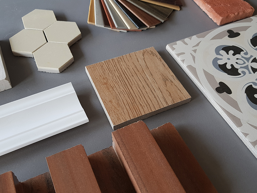 samples of material, wood, laminate, tiles, carpet, etc. on concrete table Interior design concept - Branson, MO