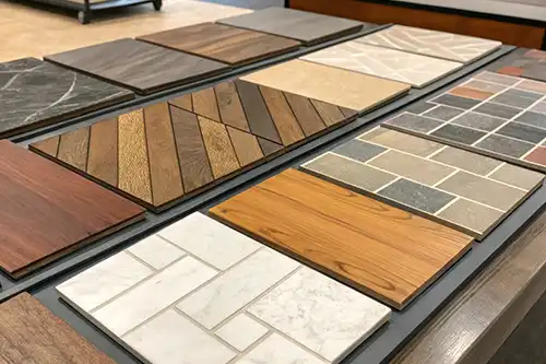 Sho-Me Flooring—Various flooring options displayed on a table showcasing a mix of colors, finishes, and textures in Branson, MO.